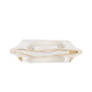 A clear vinyl handbag with a white fabric lining, gold-tone zipper, and gold hardware, shown from a top-down view on a white background.