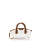 A clear vinyl handbag with brown faux-leather handles and trim, accented by gold-tone studs.