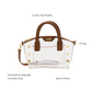 A clear acrylic handbag with brown leather handles and trim, shown on a white background with callout labels pointing to features such as leather top handles, D-ring, detachable crossbody strap, interior pocket, and side studs.