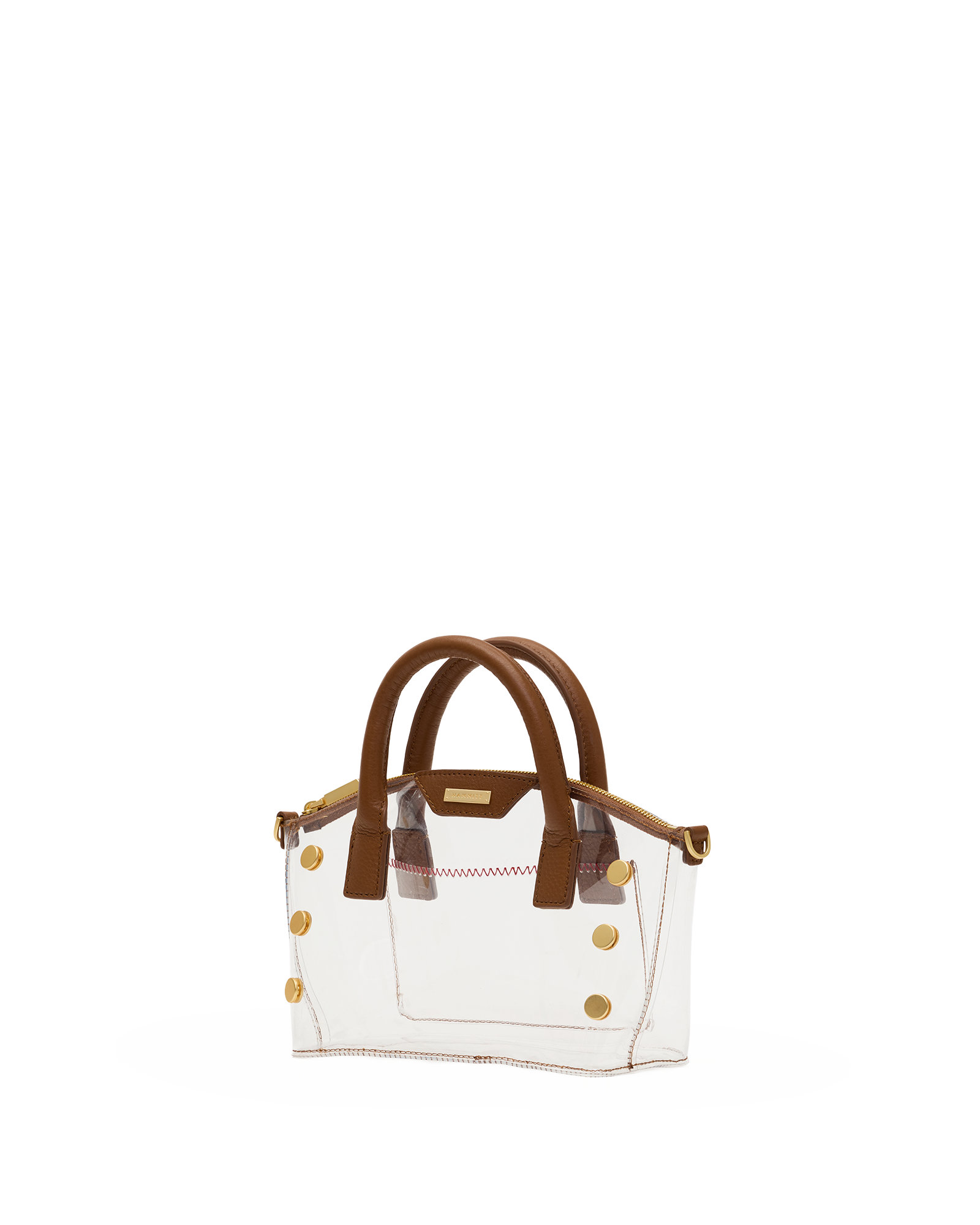A small structured handbag with a clear transparent body, brown leather handles and trim, and gold-tone hardware.