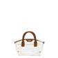 A clear vinyl handbag with brown leather handles and trim, accented by gold-tone hardware and a zippered top.