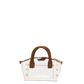 A clear acrylic handbag with brown faux-leather handles and trim, accented by gold-tone studs .