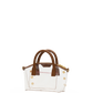 A clear plastic handbag with brown faux-leather handles and trim, accented by gold-tone hardware and a small red stitched detail on the front.