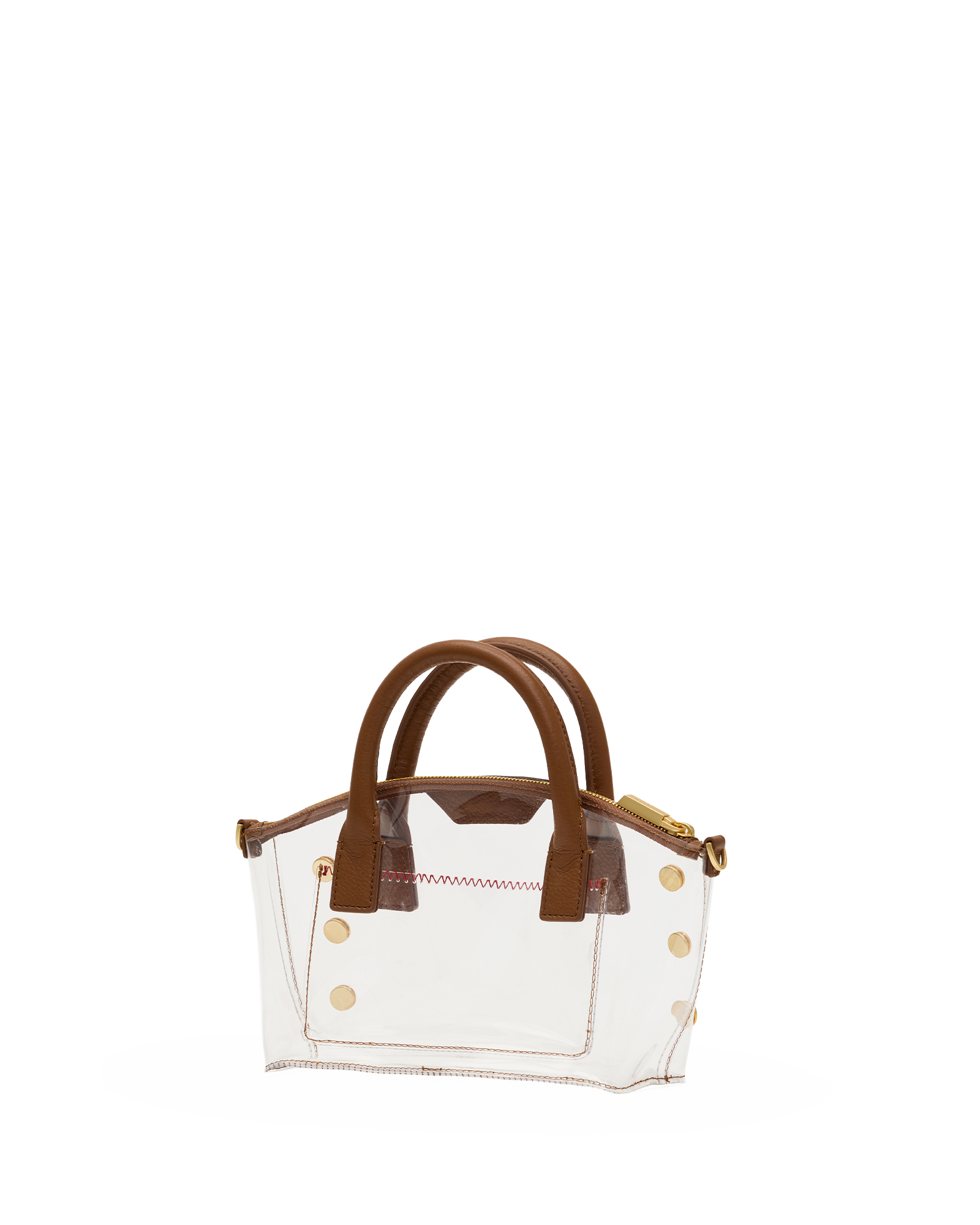 A clear plastic handbag with brown faux-leather handles and trim, accented by gold-tone hardware and a small red stitched detail on the front.