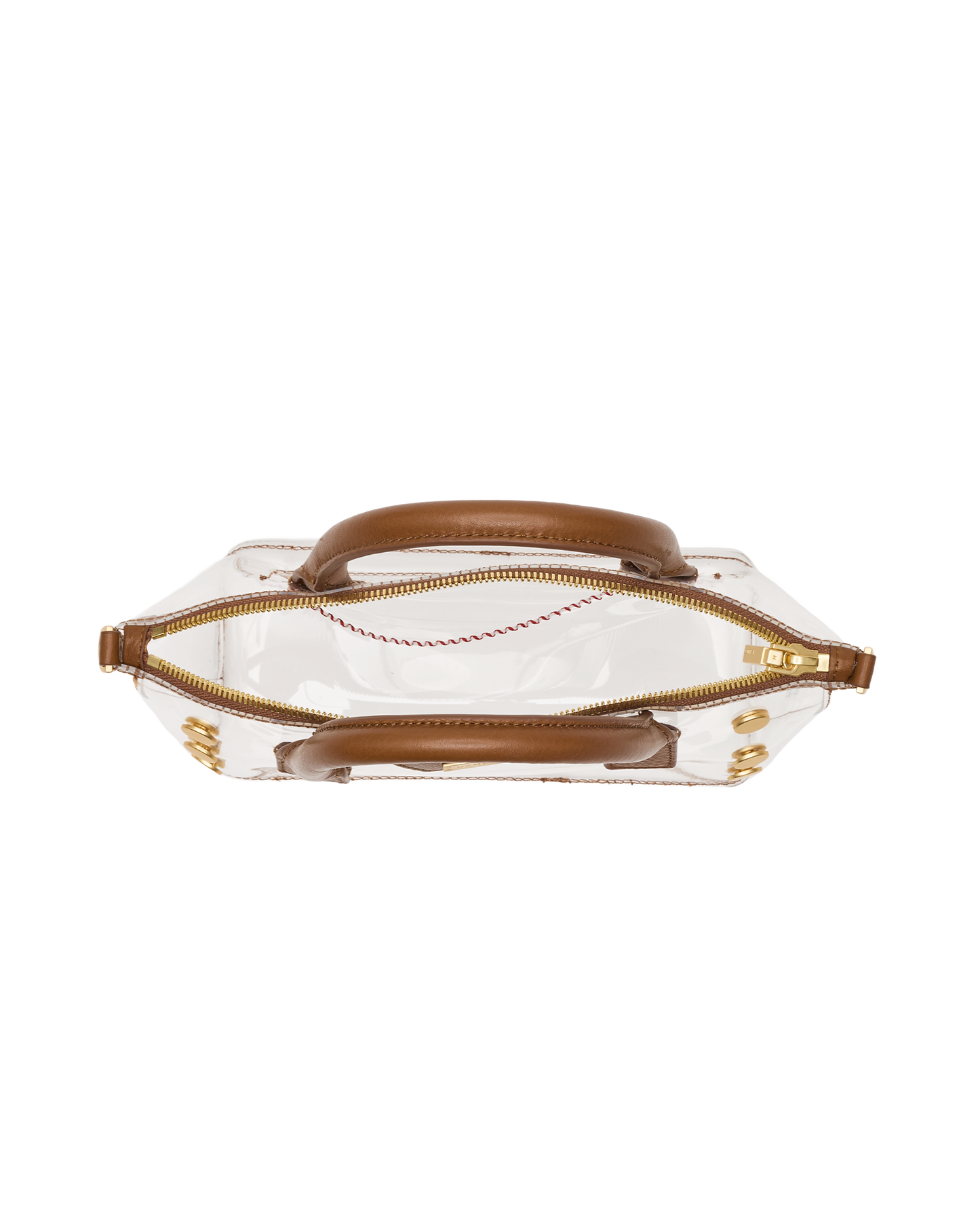 A clear plastic handbag with brown leather handles and trim.