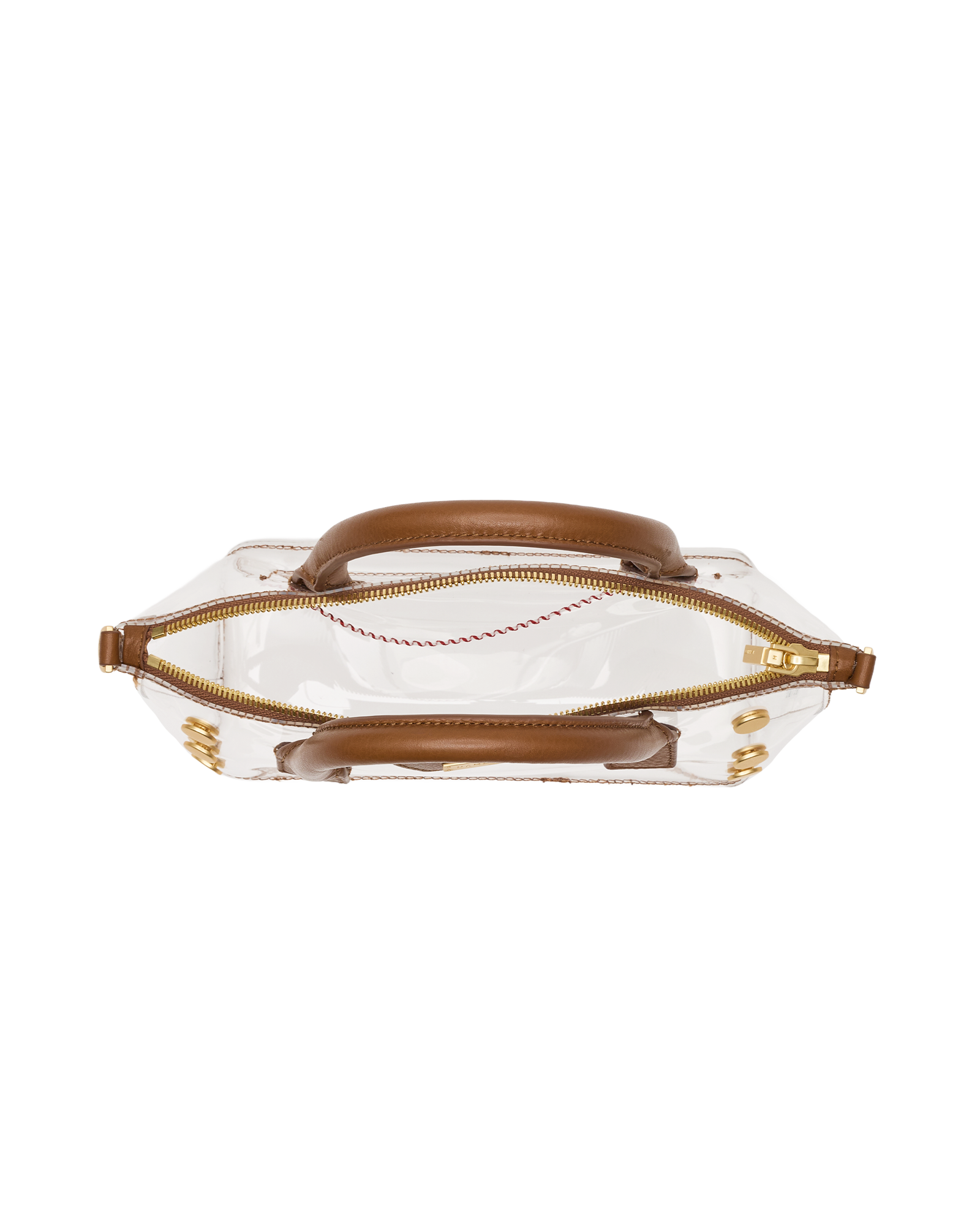 A clear plastic handbag with brown leather handles and trim.