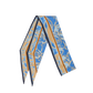 A folded silk scarf featuring a blue and beige abstract floral pattern with a thin orange stripe and dark navy borders, displayed on a clean white background.