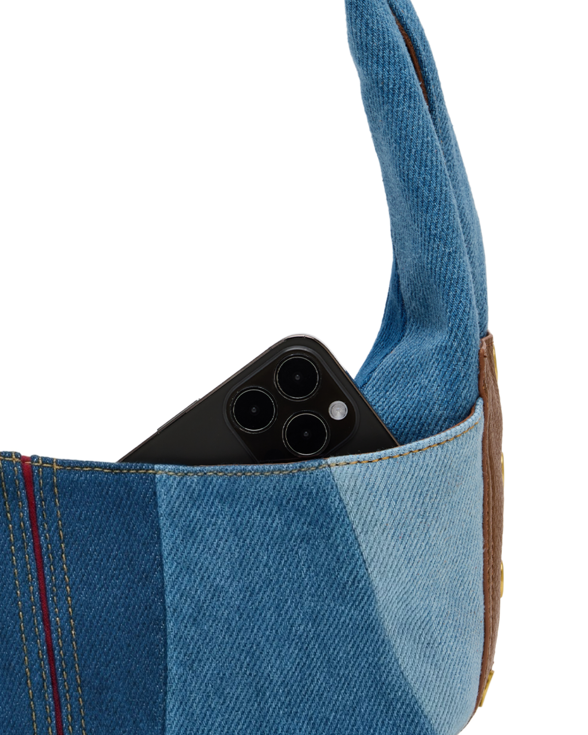 Blue denim bag with a phone inside on a white background