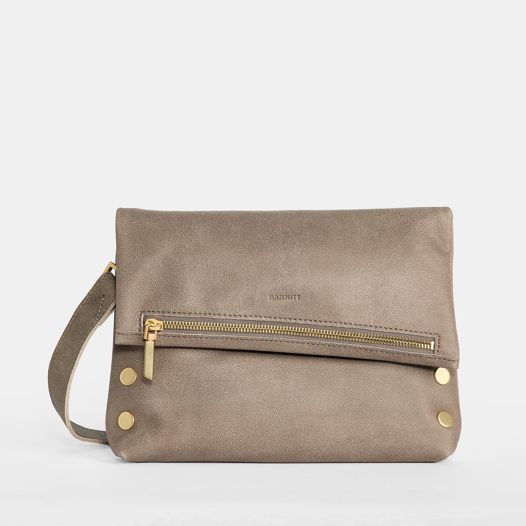 VIP Pewter Gold Zippered Leather Crossbody Clutch Hammitt HAMMITT