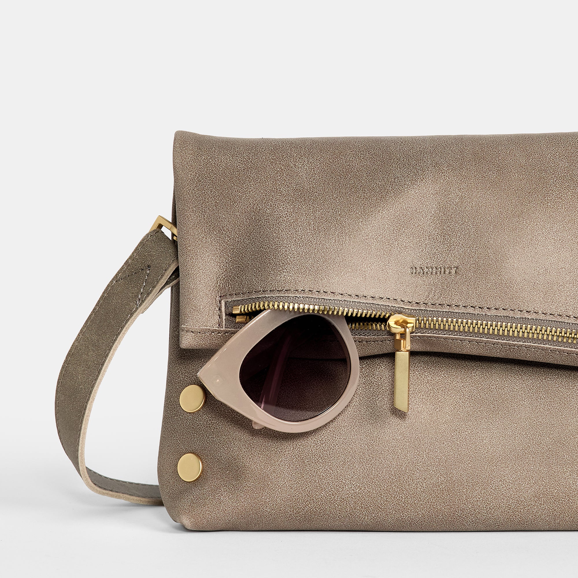 VIP Pewter Gold Zippered Leather Crossbody Clutch Hammitt HAMMITT