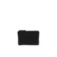 A small black leather zip pouch with a pebbled texture, shown against a plain white background.