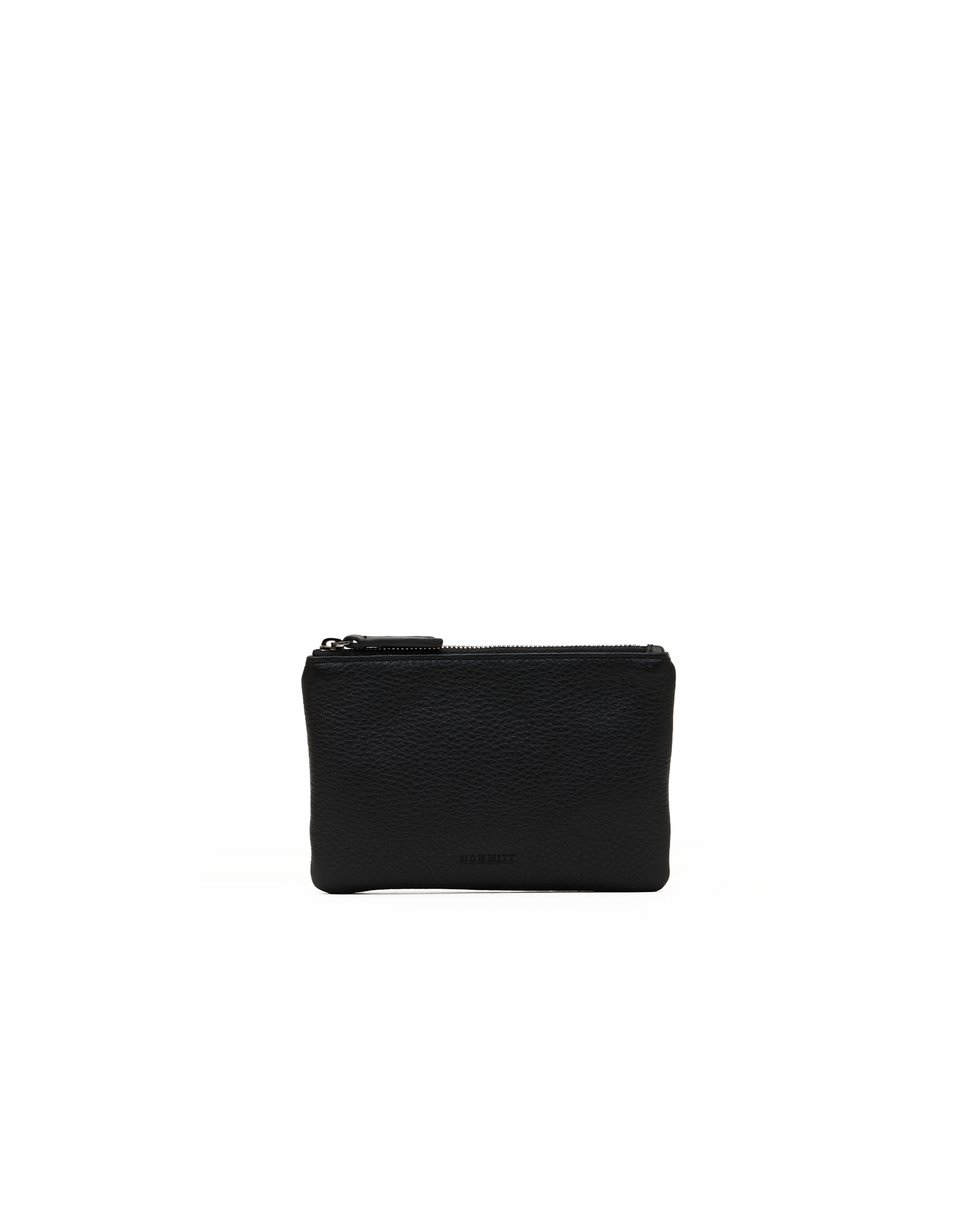 A small black leather zip pouch with a pebbled texture, shown against a plain white background.