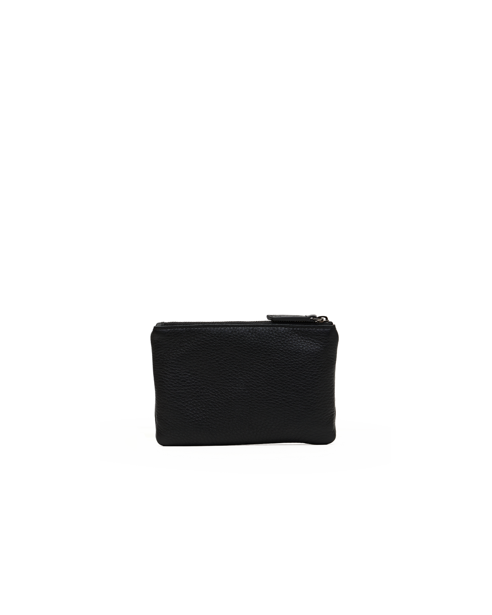 A small black pebbled leather zip pouch with a top zipper pull, shown against a plain white background.