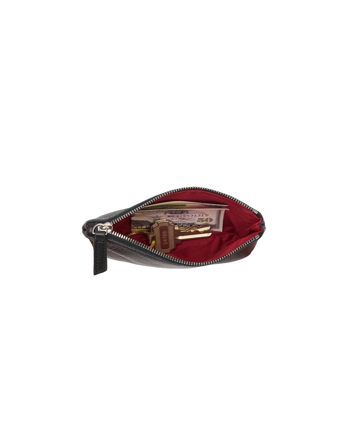 A small black leather zippered pouch shown open, revealing a deep red interior lining and contents including a wallet and gold-toned accessories, set against a plain white background.