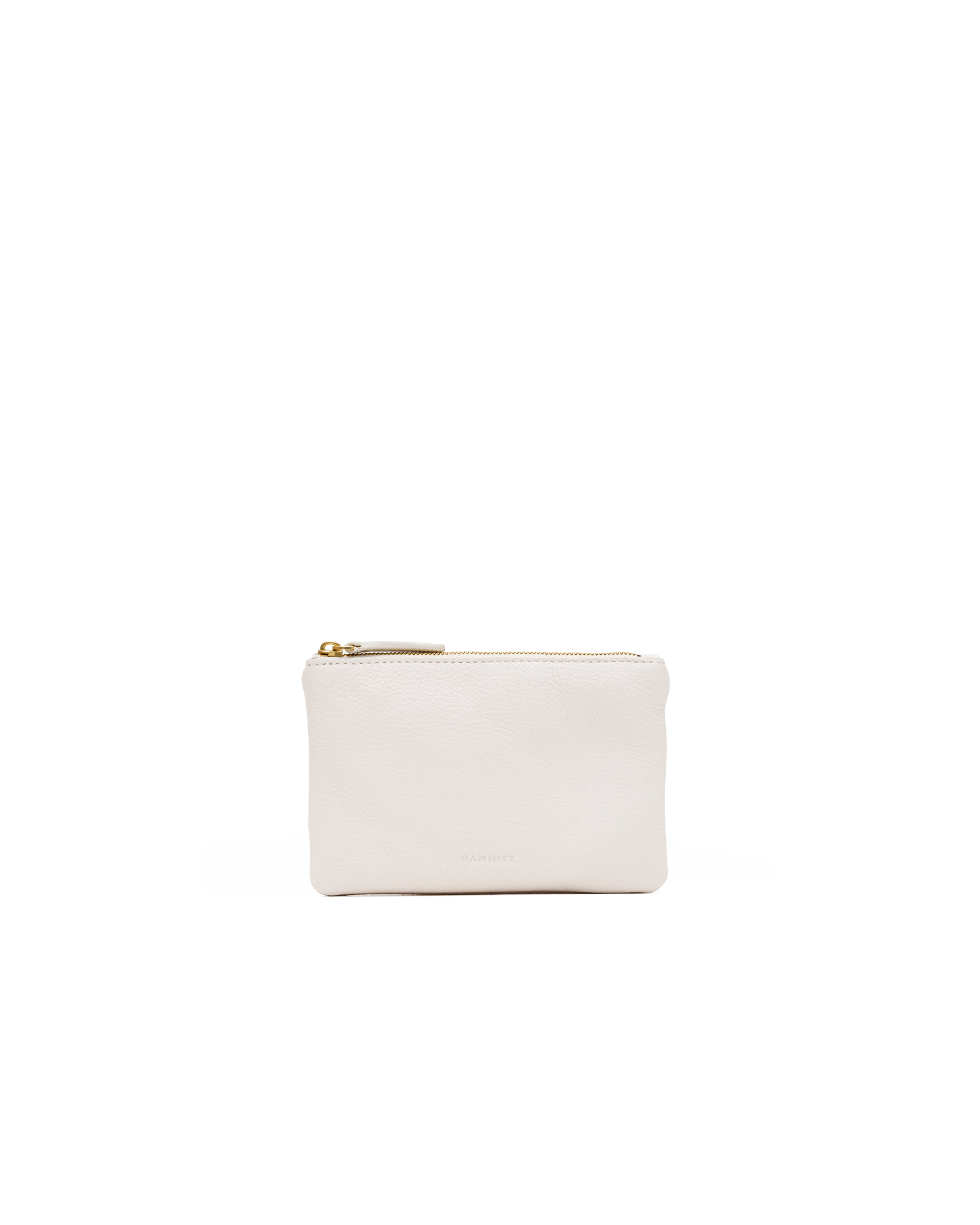 A small off-white leather zip pouch with gold-tone hardware, centered on a plain white background.