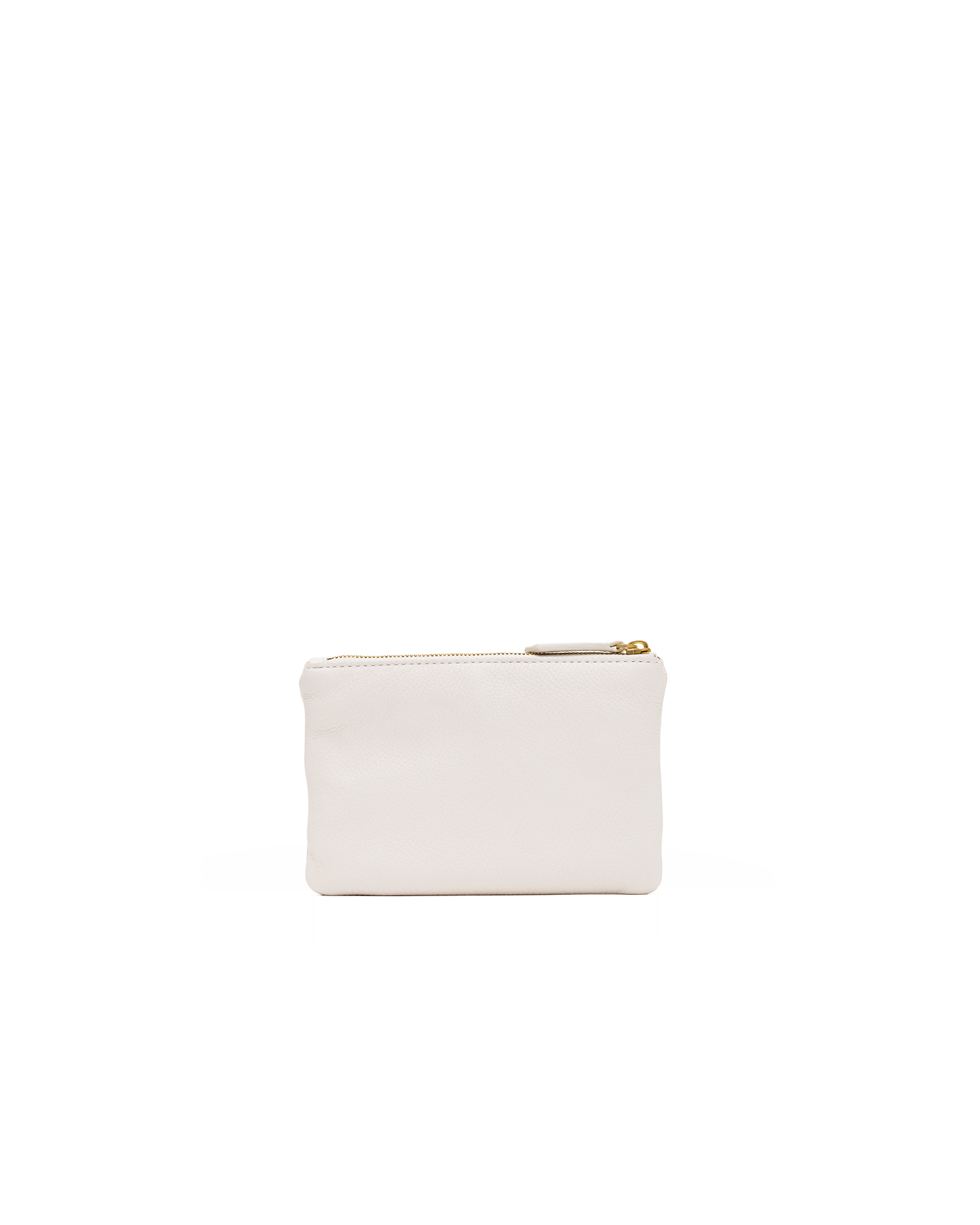 A small off-white leather zip pouch with a gold zipper pull, centered on a plain white background.