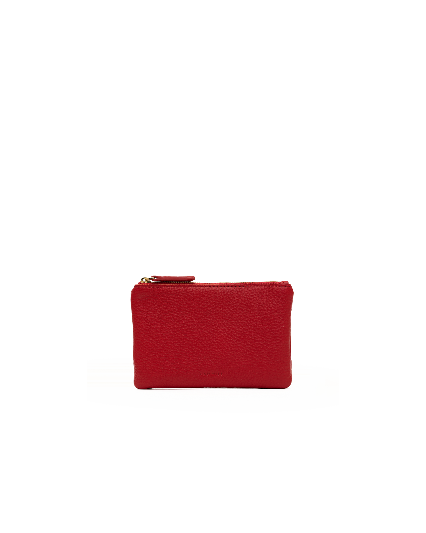 A small red pebbled leather zip pouch with gold-tone hardware, centered on a plain white background.
