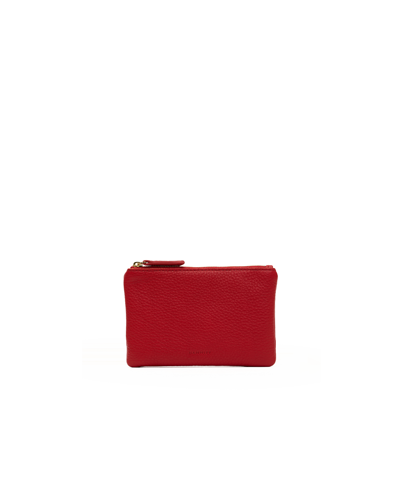 A small red pebbled leather zip pouch with gold-tone hardware, centered on a plain white background.
