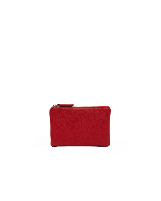 A small red pebbled leather zip pouch with gold-tone hardware, centered on a plain white background.