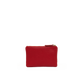 A small red leather zip pouch with a pebbled texture and a gold-tone zipper pull, centered on a plain white background.