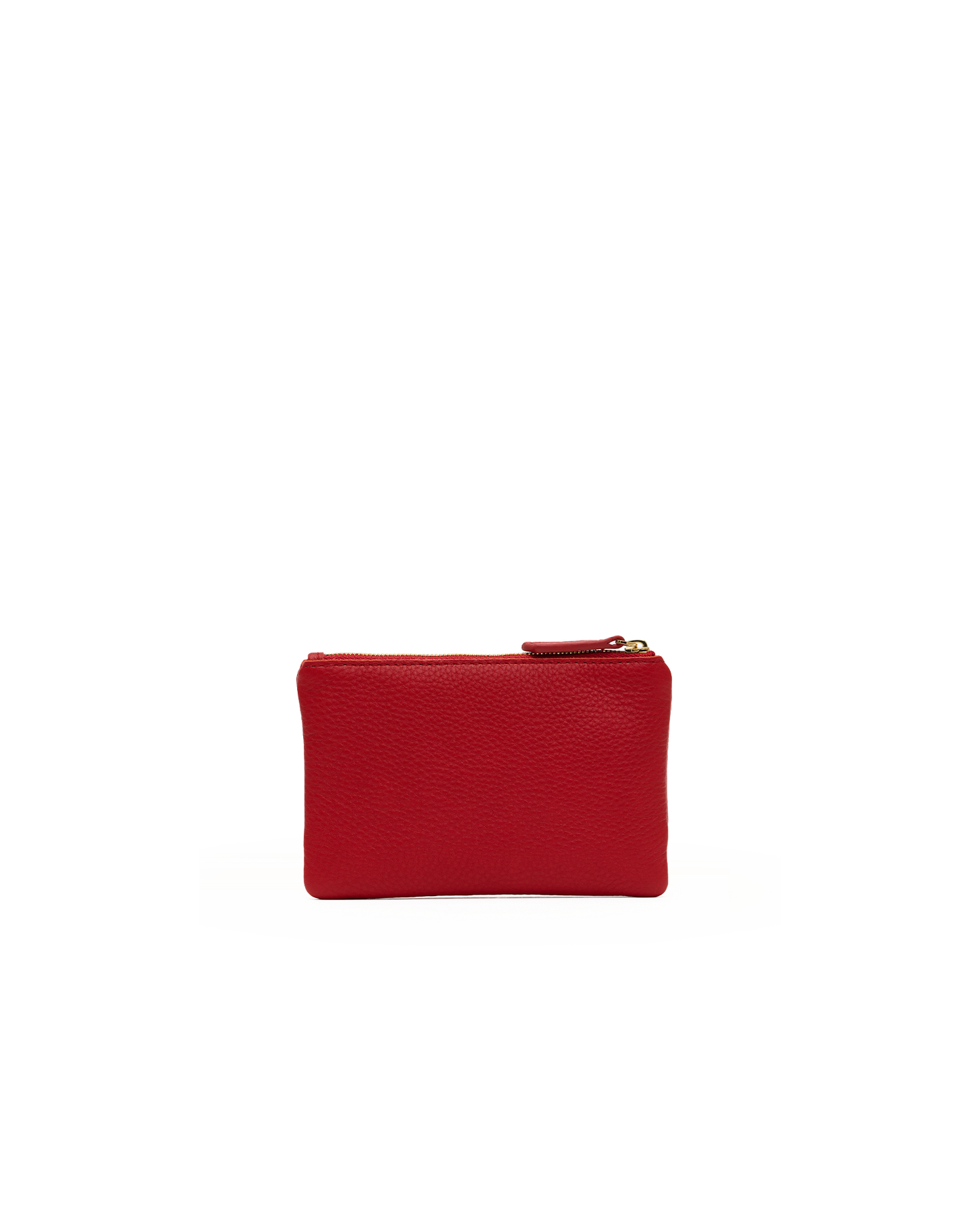 A small red leather zip pouch with a pebbled texture and a gold-tone zipper pull, centered on a plain white background.