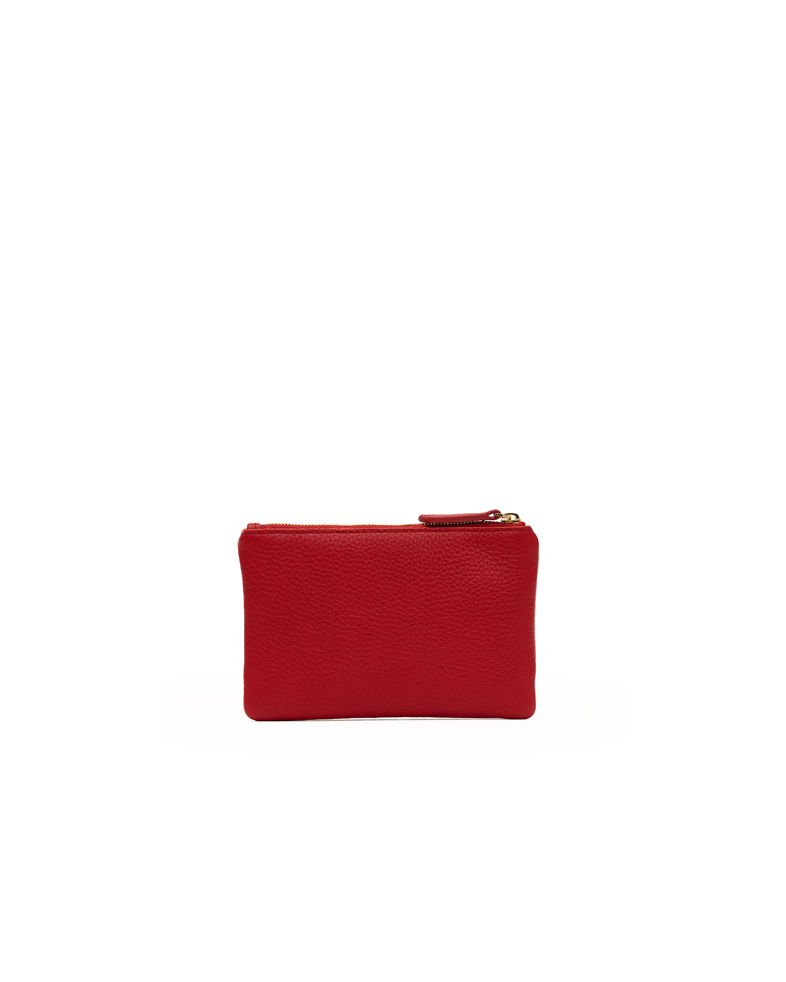 A small red leather zip pouch with a pebbled texture and a gold-tone zipper pull, centered on a plain white background.