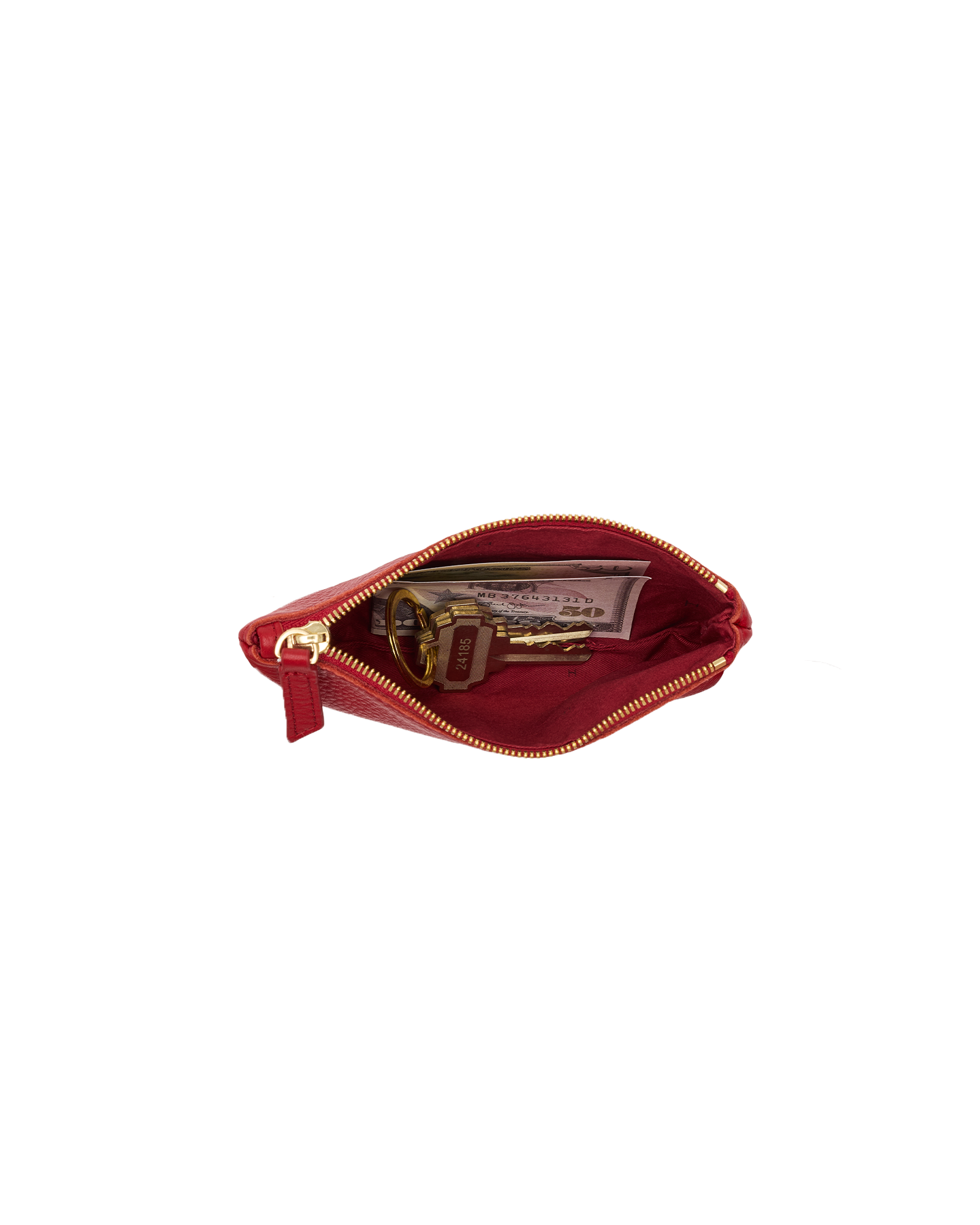A small red leather zippered pouch shown open, revealing a gold zipper, interior lining, and contents including a key and a card, isolated on a white background.