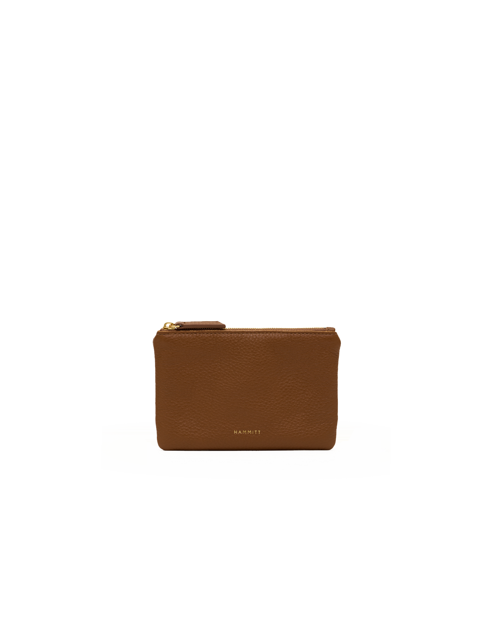 A small brown leather zip pouch with gold-tone hardware and a debossed MARCI logo on the front, centered against a plain white background.