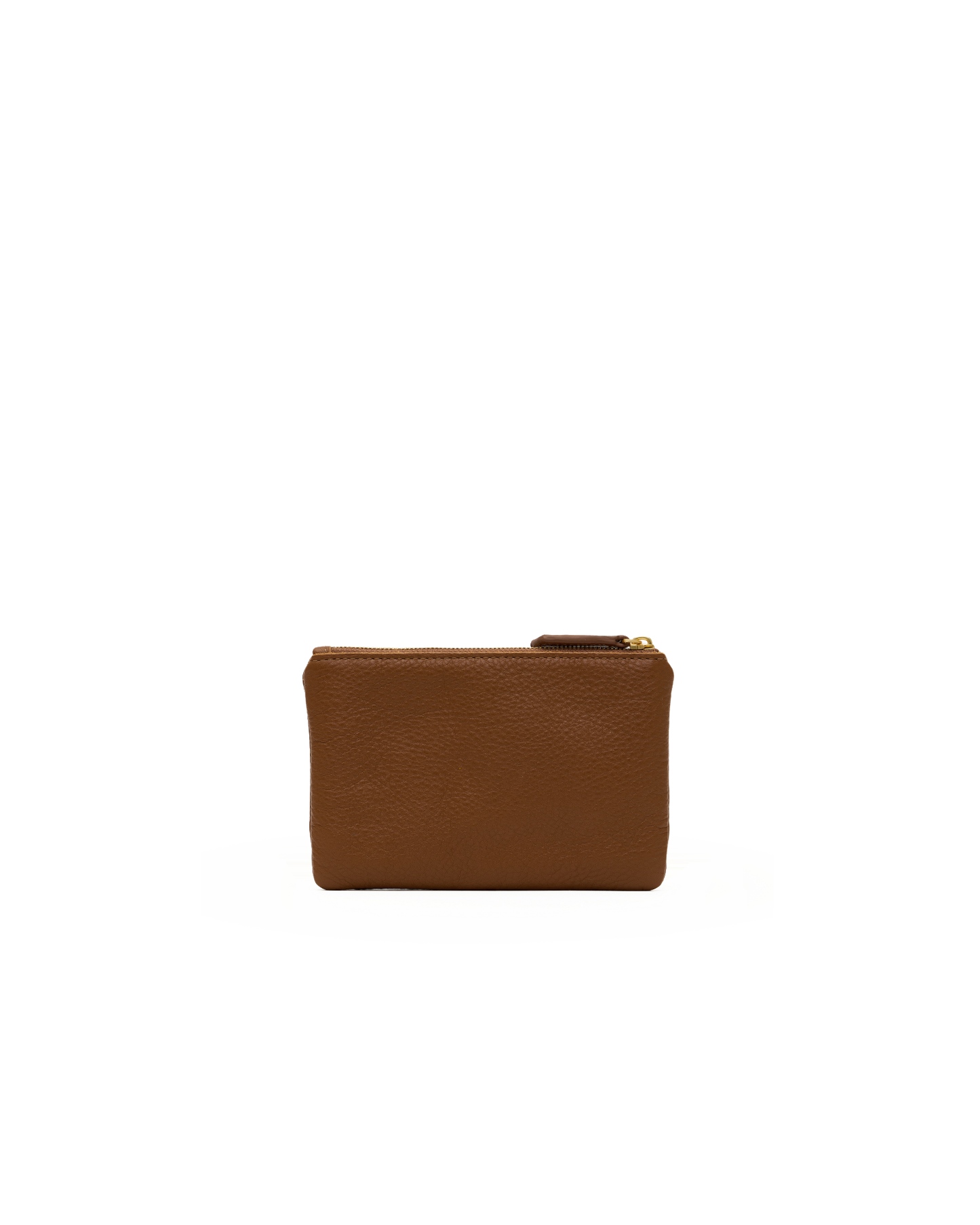 A small brown leather pouch with a gold zipper pull, shown against a plain white background.