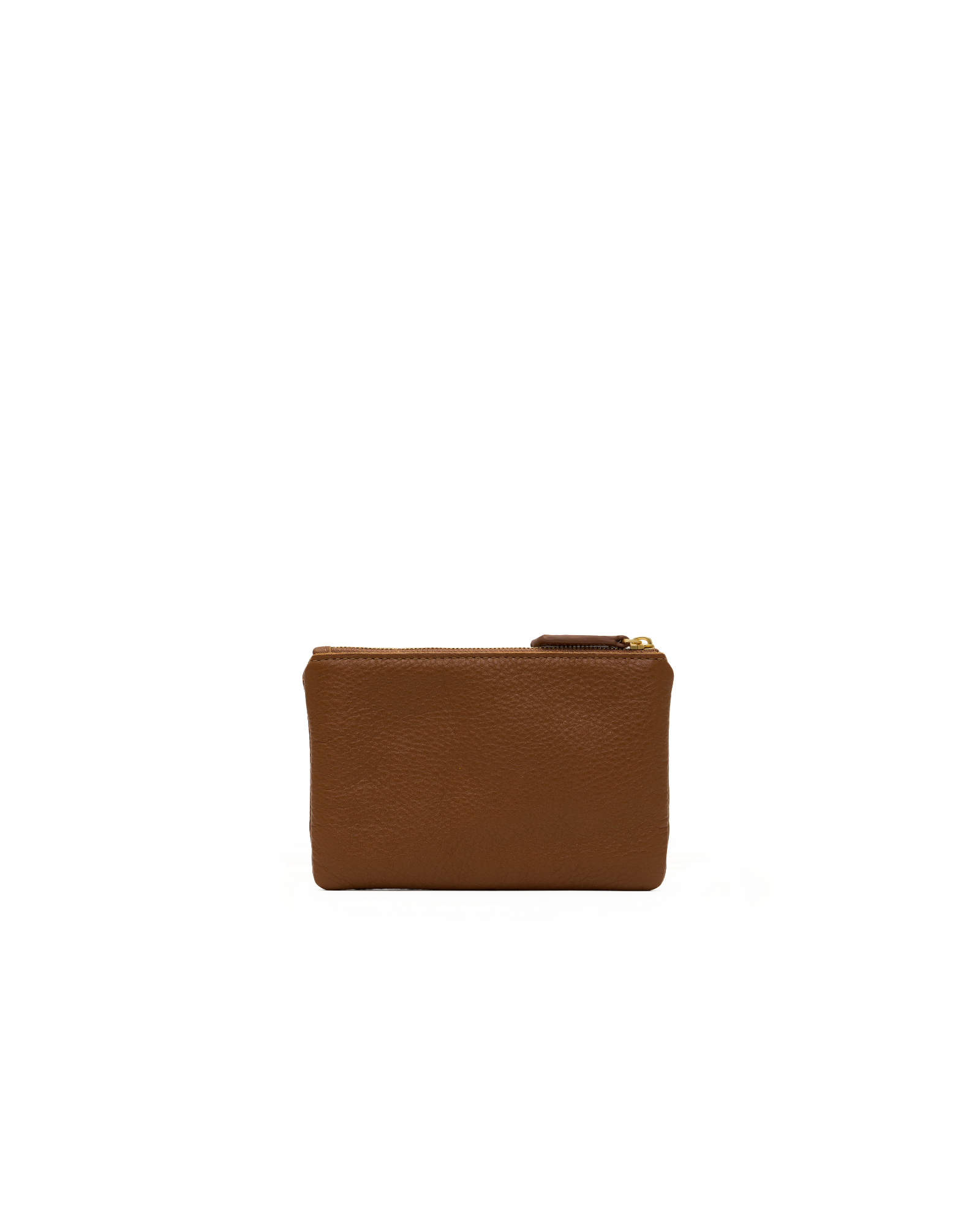 A small brown leather pouch with a gold zipper pull, shown against a plain white background.