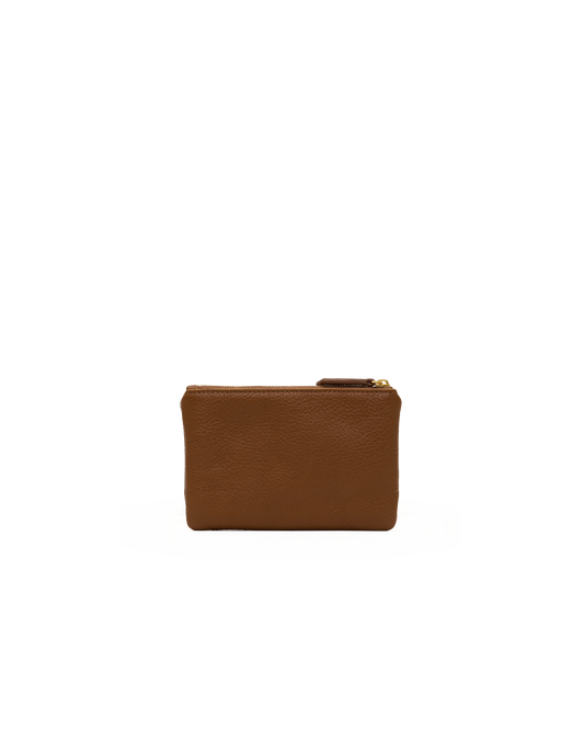 A small brown leather pouch with a gold zipper pull, shown against a plain white background.