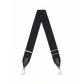 A black fabric camera shoulder strap with silver metal clips and silver adjustment sliders, laid out in a V-shape.