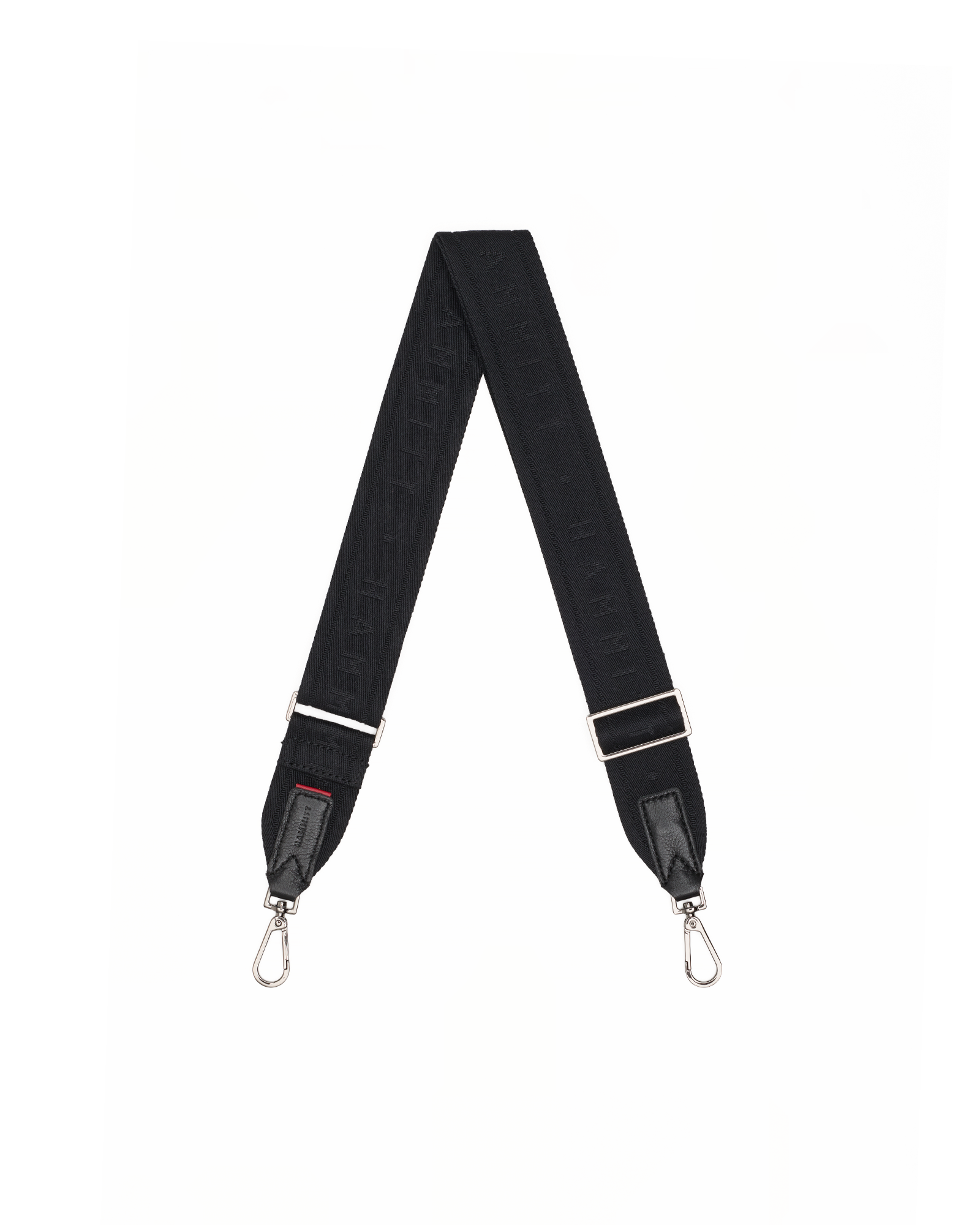 A black fabric camera shoulder strap with silver metal clips and silver adjustment sliders, laid out in a V-shape.