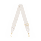 A light beige fabric shoulder strap with gold-tone hardware, featuring a repeating monogram pattern and adjustable metal buckles.