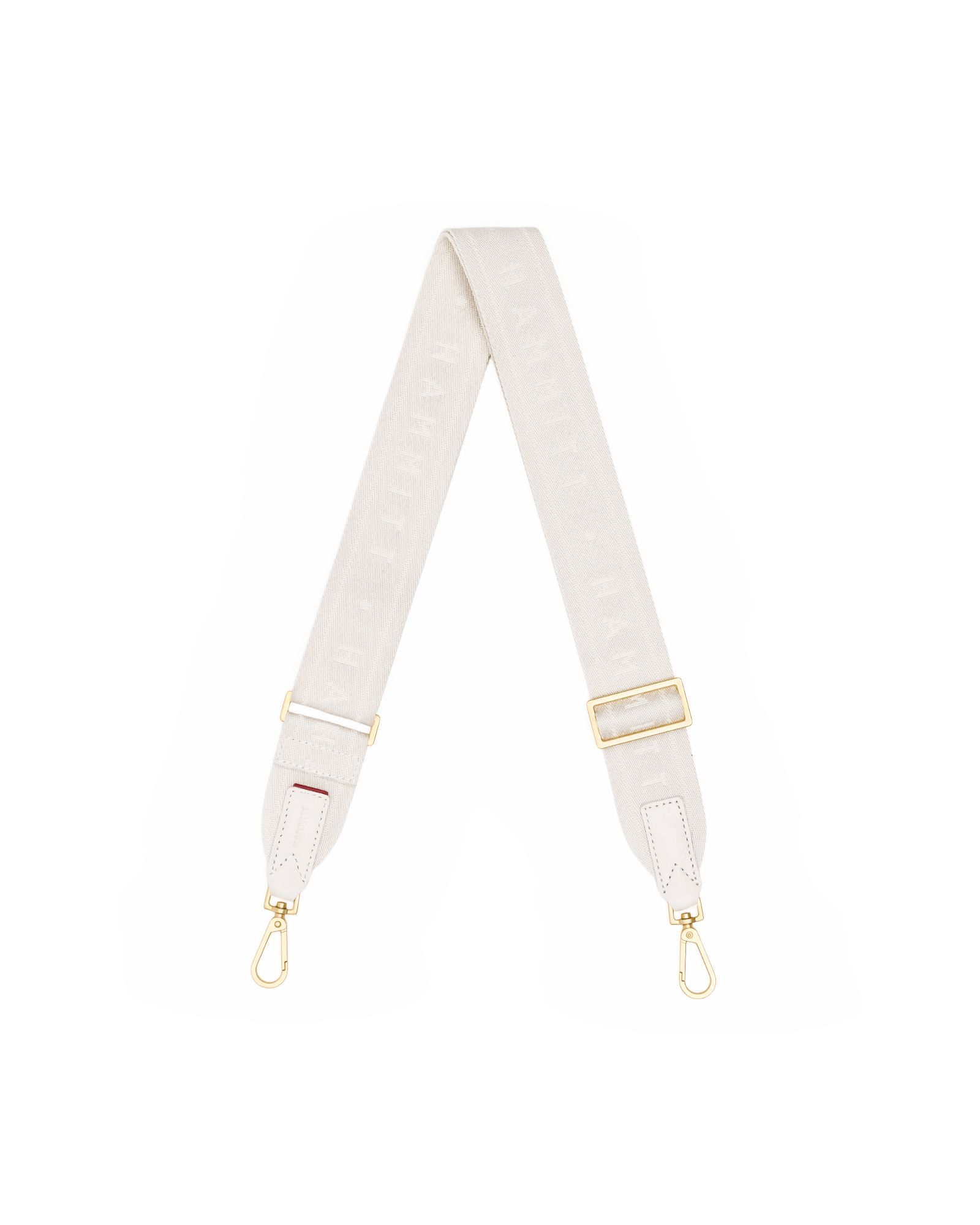 A light beige fabric shoulder strap with gold-tone hardware, featuring a repeating monogram pattern and adjustable metal buckles.
