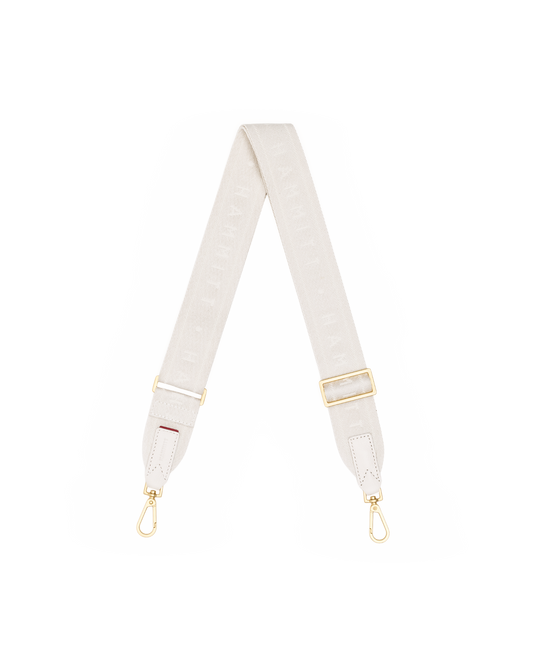 A light beige fabric shoulder strap with gold-tone hardware, featuring a repeating monogram pattern and adjustable metal buckles.