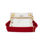Clear handbag with red accents and gold hardware on a white background