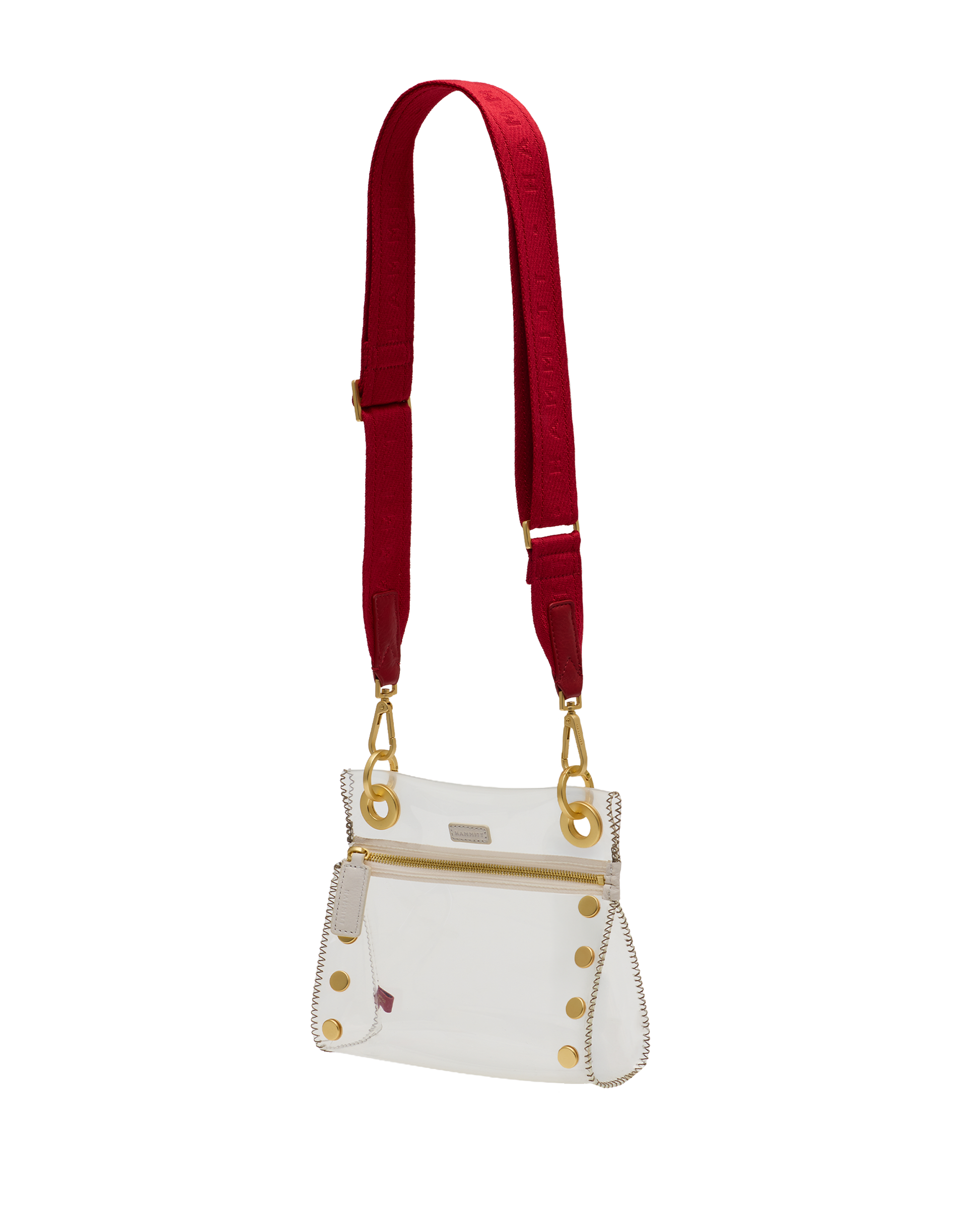 White handbag with gold accents and a red strap on a white background