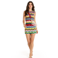 Woman wearing a colorful zigzag dress on a white background
