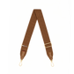 A brown fabric shoulder strap with gold-tone metal hardware, including swivel clips and adjustment sliders, laid out in a V-shape.