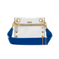 Clear handbag with blue strap and gold accents on a white background