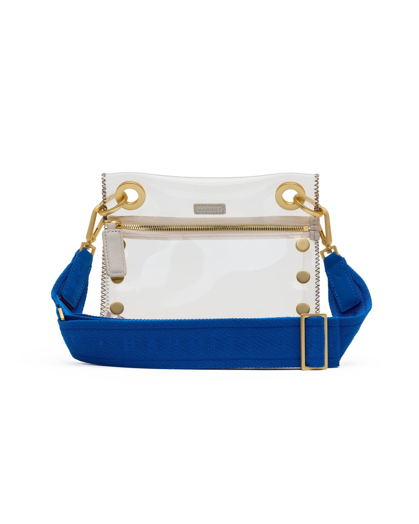 Clear handbag with blue strap and gold accents on a white background