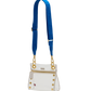 White handbag with gold accents and a blue strap on a white background