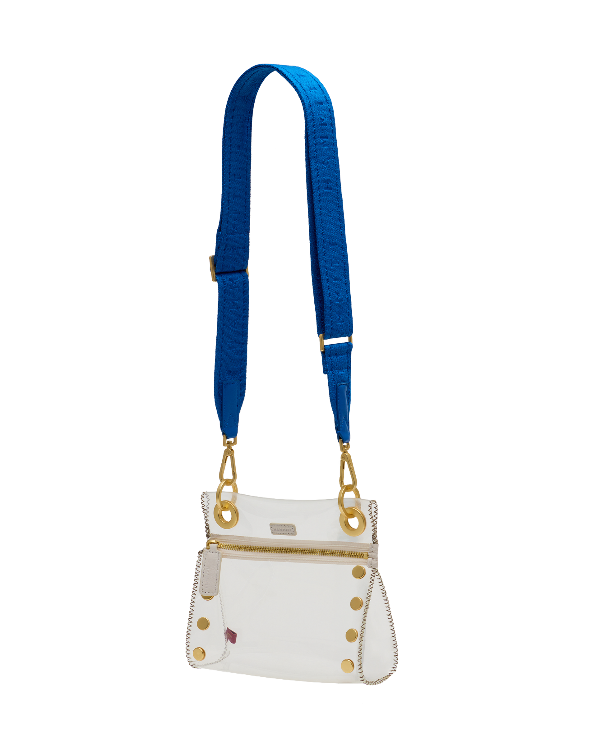 White handbag with gold accents and a blue strap on a white background