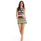 Woman wearing a colorful striped dress on a white background