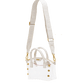 A white structured handbag with double top handles, a long matching shoulder strap, and gold-tone hardware.