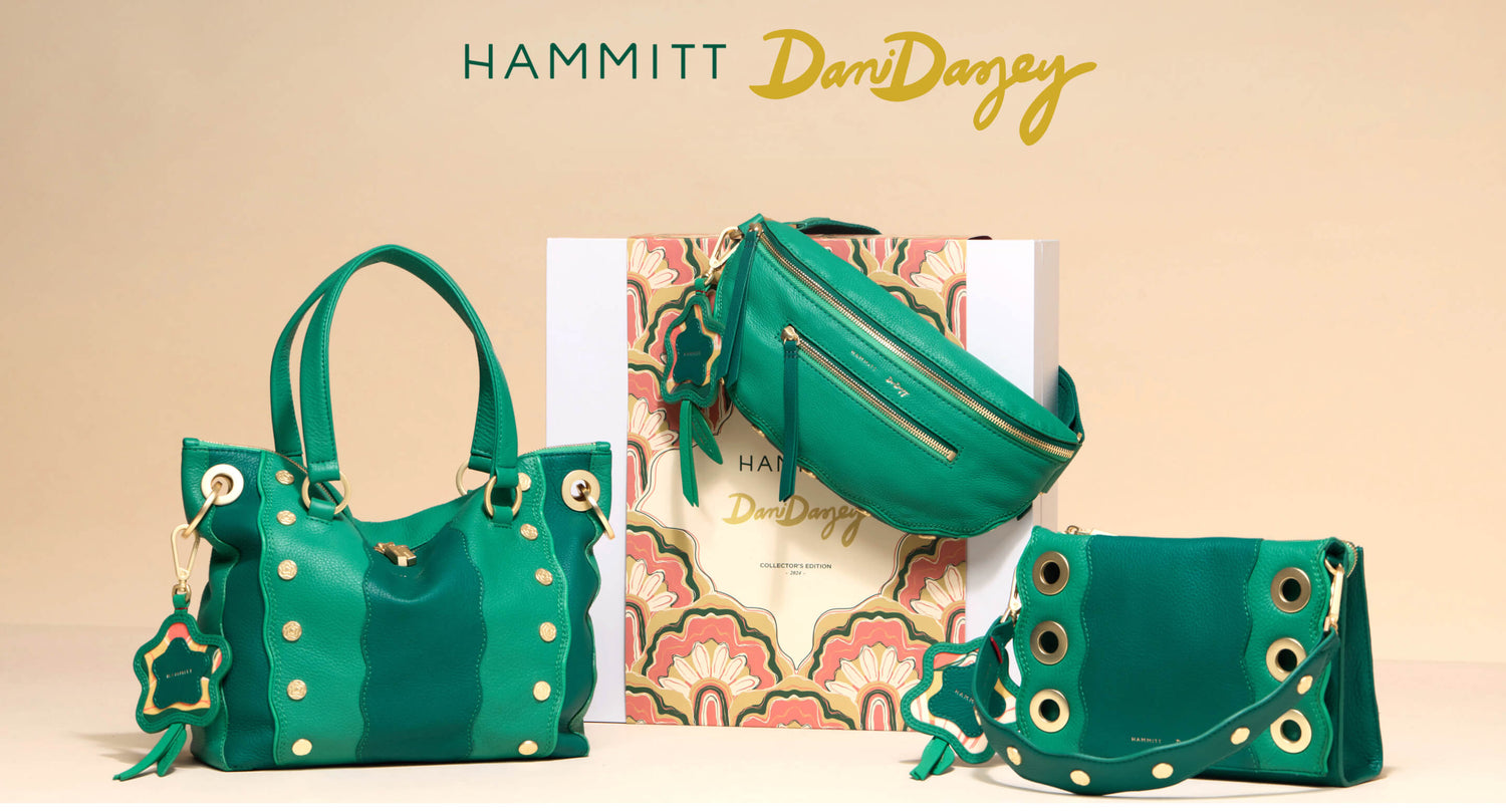 Text: Hammitt Dani Dazey. Image of three of the Dani Dazey collaboration bags and custom box. Bags shown are Daniel Med, Charles Crossbody Med, Montana Sml in Wazy Dasey in brushed gold. 