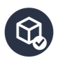 White icon of a box with a check mark on a navy blue circle