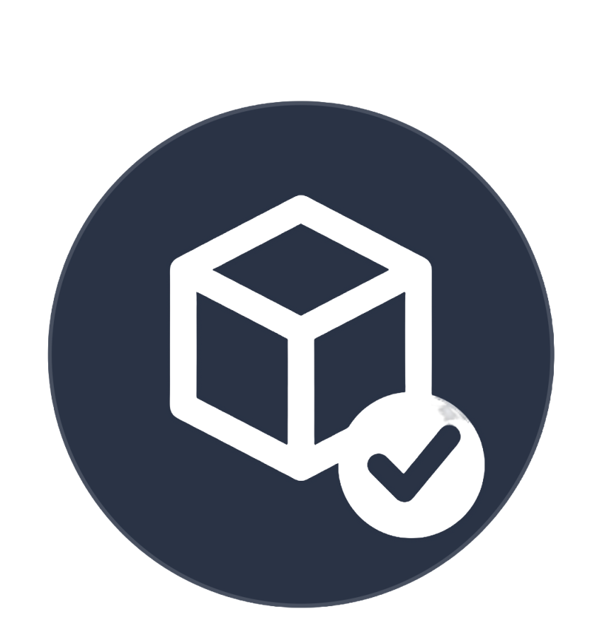 White icon of a box with a check mark on a navy blue circle
