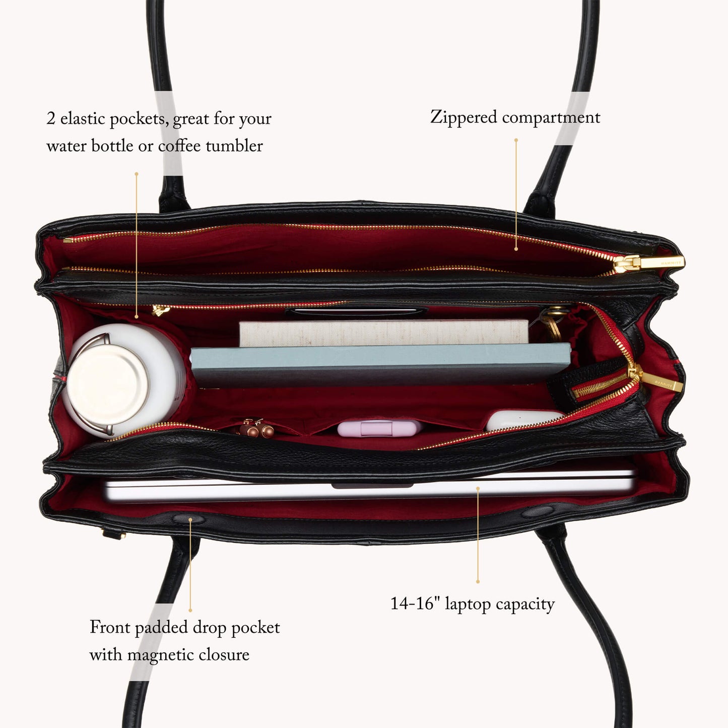 Elle Work Carry | Black/Brushed Gold Red Zip